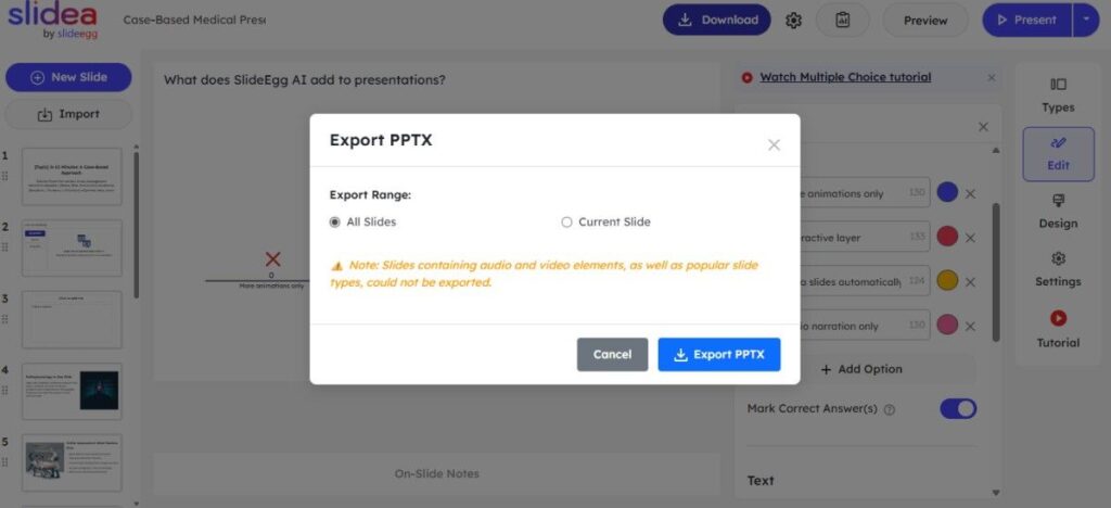 SlideEgg interface showing export PPTX options with range selection for all slides or current slide.