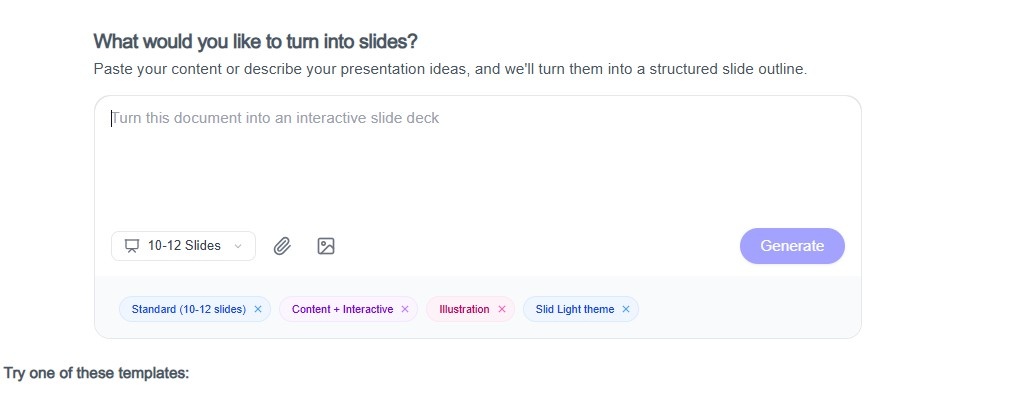 SlideEgg AI tool interface where users can input content to generate interactive slide decks in various themes.