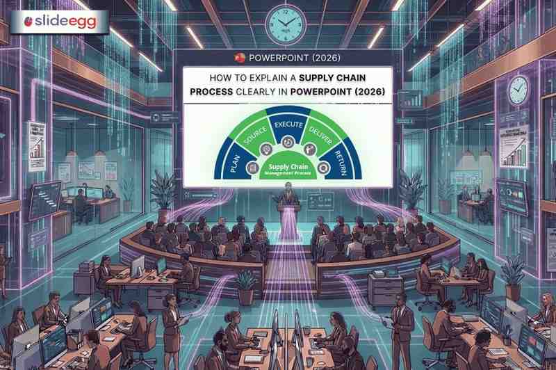PowerPoint slide showing the steps of the supply chain management process: Plan, Source, Execute, Deliver, Return.
