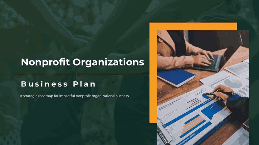 Alt: Title slide for 'Nonprofit Organizations Business Plan' showing a team hand-stack background and people analyzing charts at a desk.