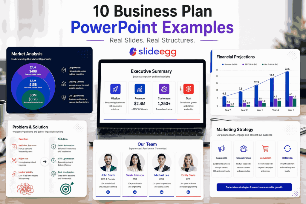 Business plan PowerPoint examples banner showing multiple slide designs including executive summary, market analysis, financial projections, and team presentation layouts.