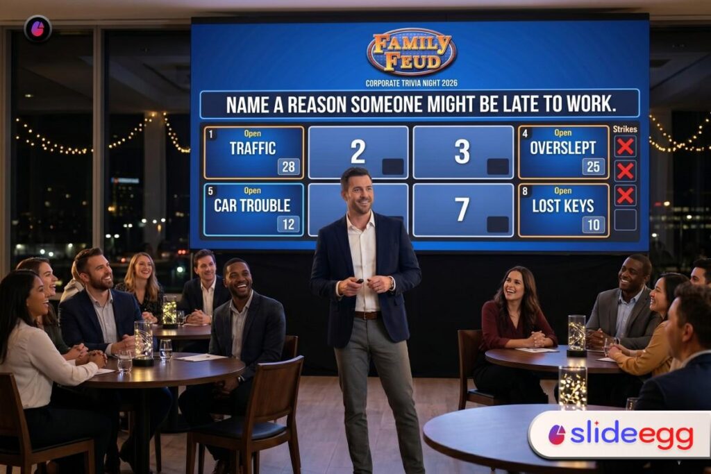 Corporate Family Feud trivia game night with teams, host, scoreboard, and interactive question display on screen.