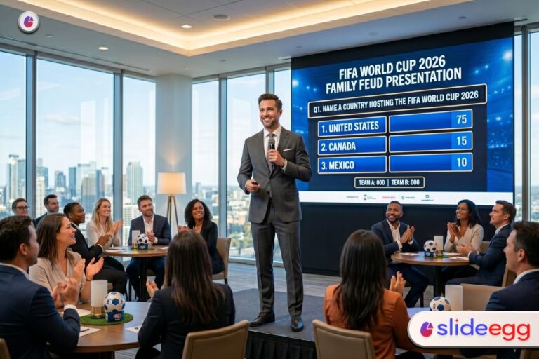 FIFA World Cup 2026 Family Feud game with host, teams, scoreboard, and a quiz about the tournament host countries.