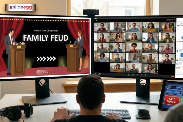 Virtual Family Feud game on Zoom with team participants, interactive quiz screen, and live engagement setup.