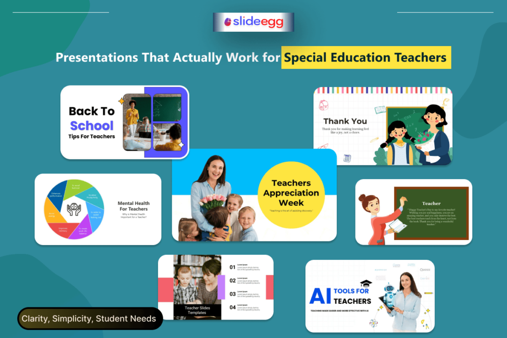 Special education teacher presentation templates with back to school, mental health, AI tools, and appreciation slides.
