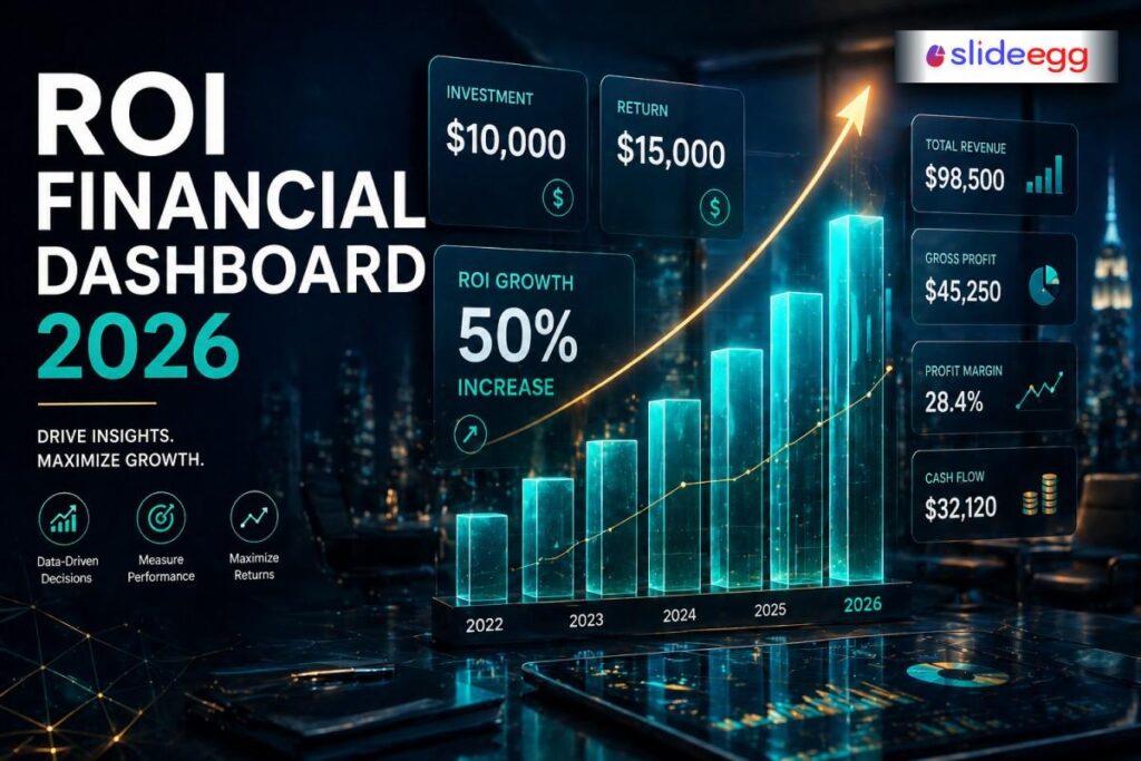 ROI financial dashboard showing investment, return, revenue, profit, and growth chart with increasing business performance.
