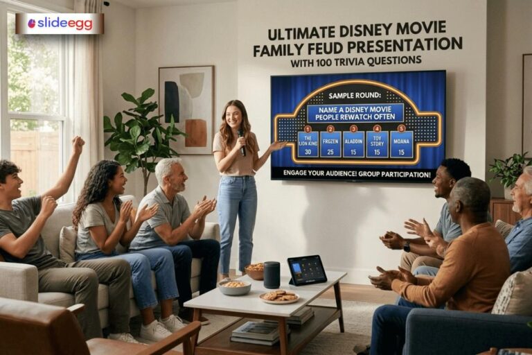 Disney movie Family Feud presentation with trivia questions, group gameplay, scoreboard, and audience interaction.