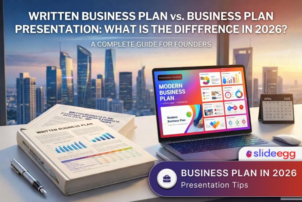 Comparison of written business plan and presentation, showing documents, laptop slides, and financial data visuals.