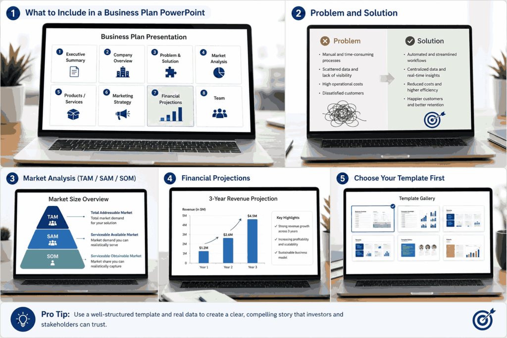 Infographic showing business plan PowerPoint slides including executive summary, TAM SAM SOM market analysis, financial projections, and template gallery on laptop screens.
