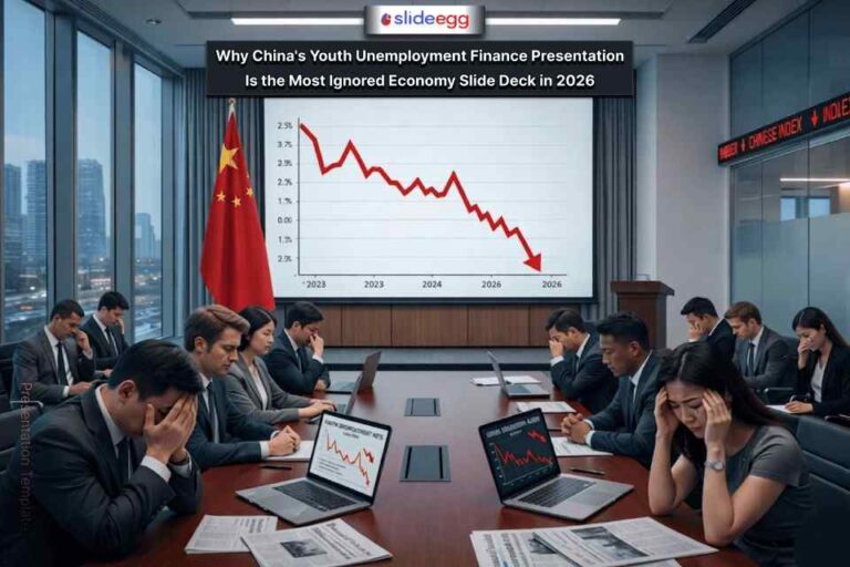 China's youth unemployment finance presentation, showing a downward economic trend with concerned business professionals.