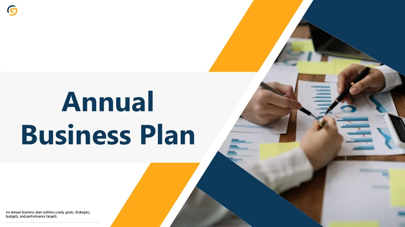 Annual business plan PowerPoint template with year-over-year comparison and OKR slides