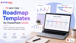 Free roadmap templates banner with PowerPoint roadmap designs on a modern laptop workspace.