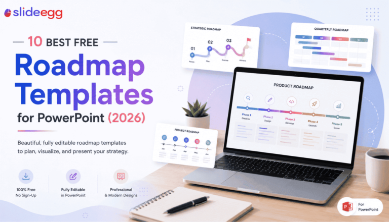 Free roadmap templates banner with PowerPoint roadmap designs on a modern laptop workspace.