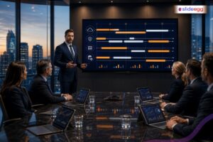 Business team reviewing a technology roadmap timeline with IT milestones on a screen
