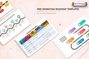 Free marketing roadmap templates showing campaign timelines, learning paths, and tech roadmap slides