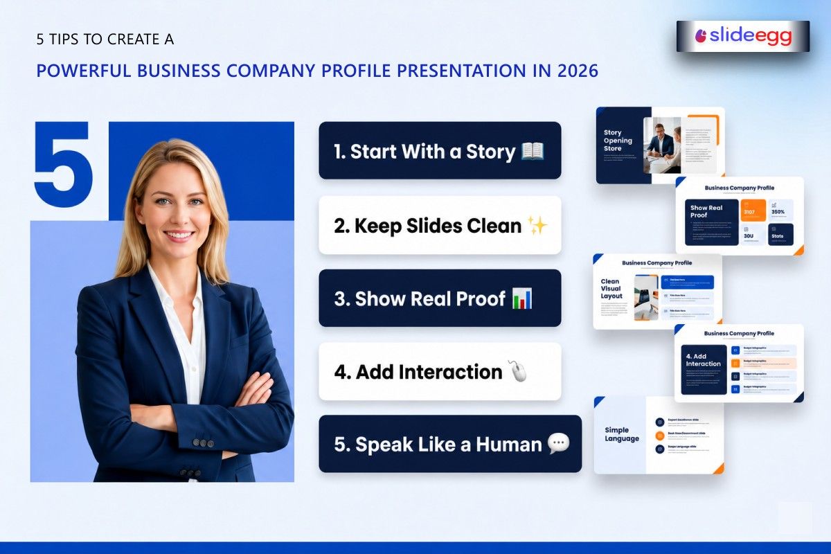 Key strategies for building an engaging business company profile: storytelling, clean design, real proof, interactivity, and natural language.