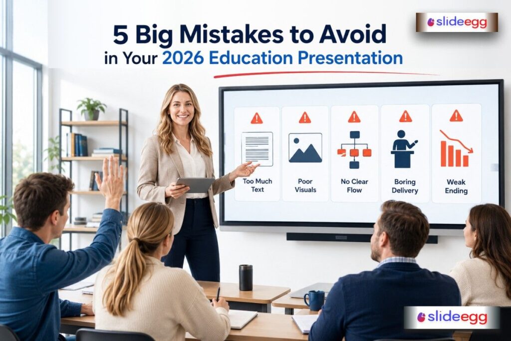 Education presentation tips highlighting common mistakes: too much text, poor visuals, no flow, and weak ending.
