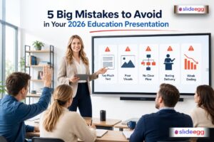 Education presentation tips highlighting common mistakes: too much text, poor visuals, no flow, and weak ending.