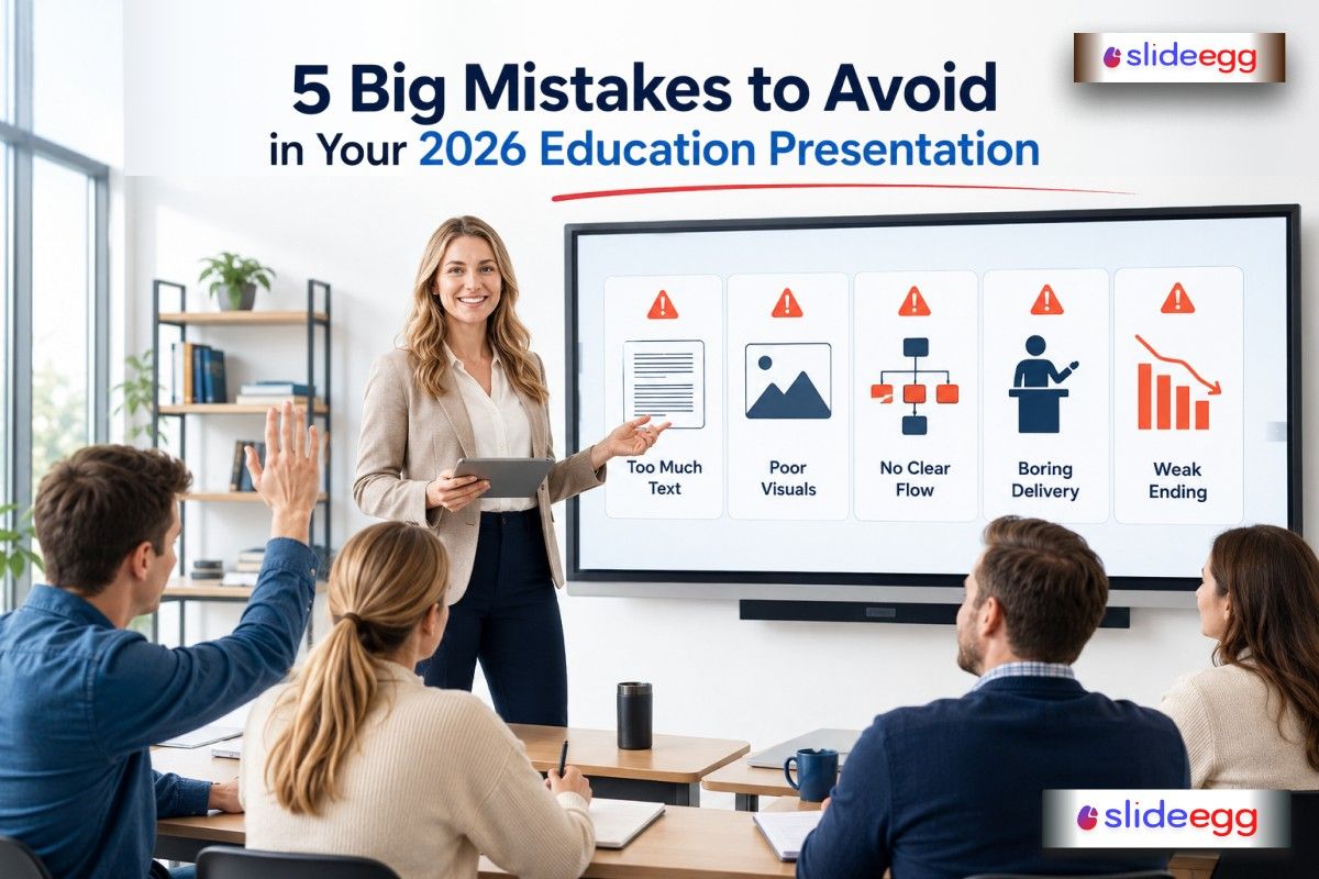 Education presentation tips highlighting common mistakes: too much text, poor visuals, no flow, and weak ending.