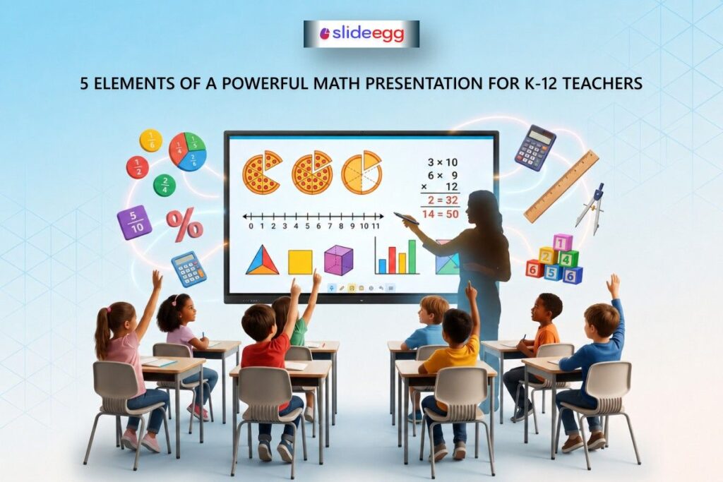 Math presentation for K-12 teachers showing fractions, shapes, graphs, and interactive classroom learning.