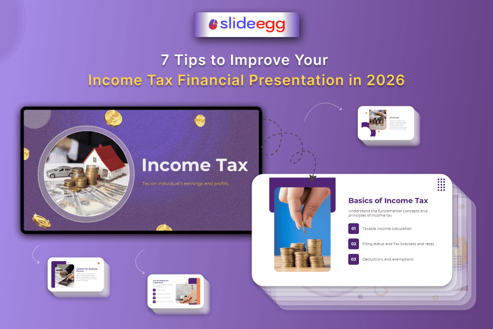 Income tax financial presentation slides showing tax basics, deductions, calculations, and financial concepts.