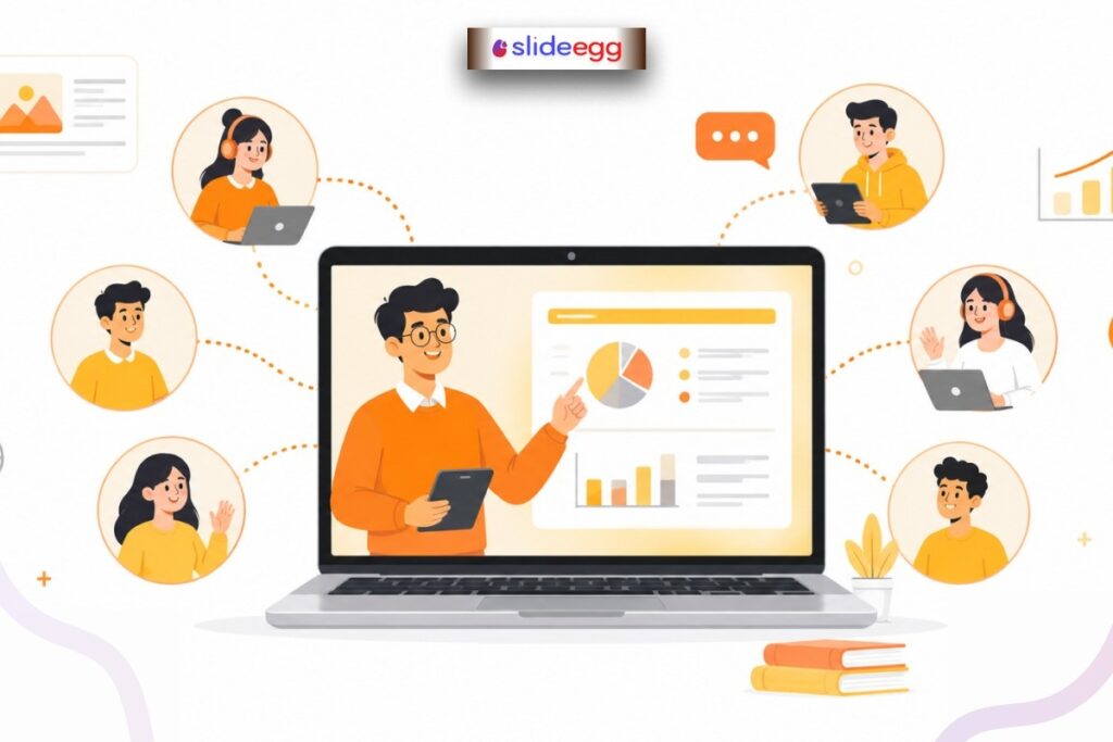 Illustration showing an online educator engaging students with charts and connected devices in a virtual class