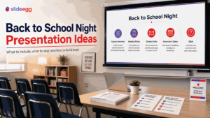 Back to school night presentation ideas blog banner featuring a classroom setting with a presentation slide on course overview, grading policy, and key dates