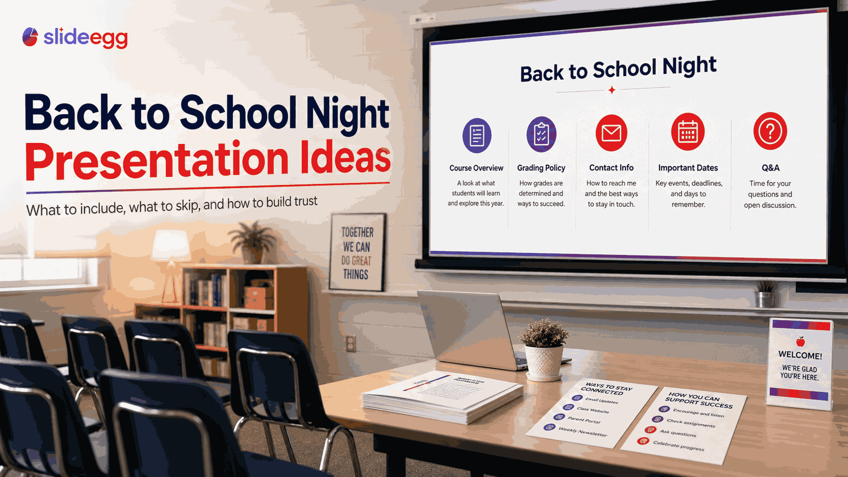 Back to school night presentation ideas blog banner featuring a classroom setting with a presentation slide on course overview, grading policy, and key dates