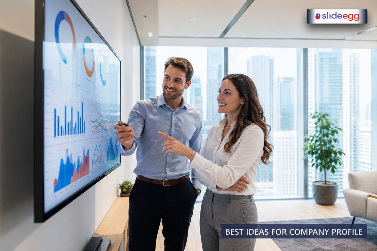 Business professionals discussing data and charts on a screen in a modern office, showcasing company profile ideas.