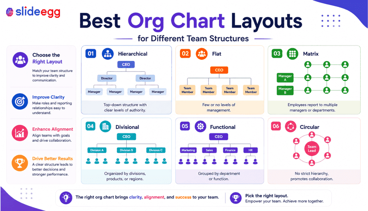 Best org chart layouts banner showing team structure examples for business presentations.