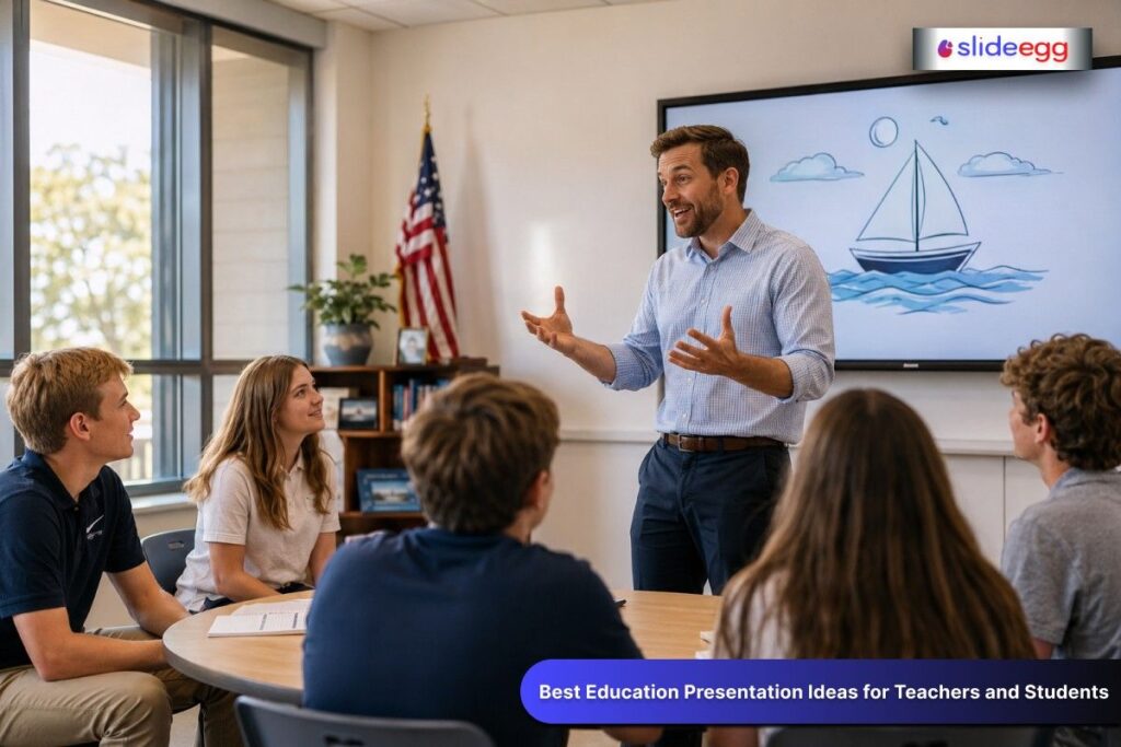 Teacher leading students through an engaging classroom presentation with visuals, charts, and learning aids.