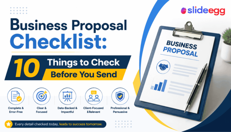 Business Proposal checklist with 10 key points, icons, and a clipboard with pen. SlideEgg logo.