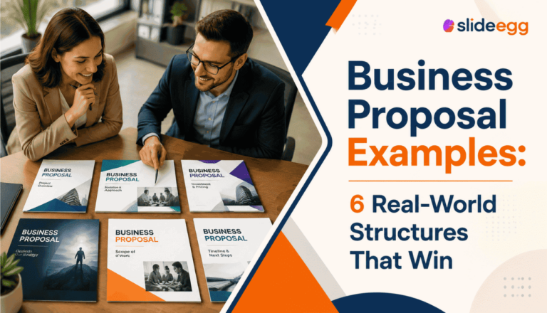Business proposal examples banner with professionals reviewing real-world proposal templates together.