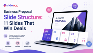 Business proposal slide structure with 11 slides for winning deals, displayed on a laptop.