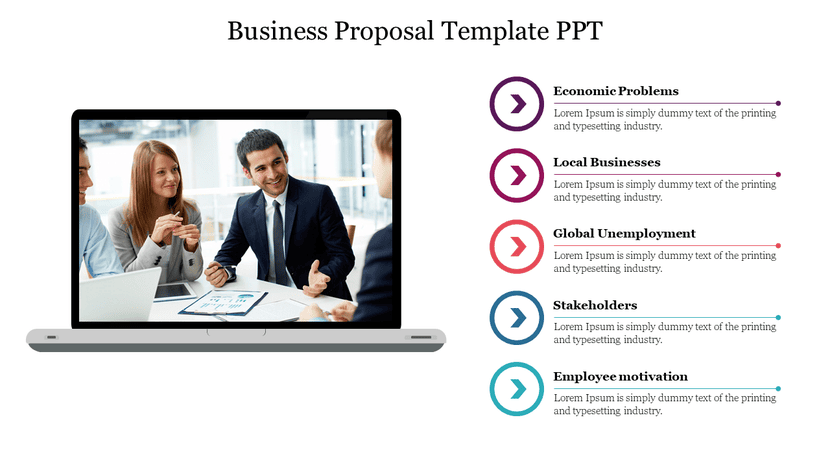 Business proposal template PPT showcasing topics like economic problems and local businesses.