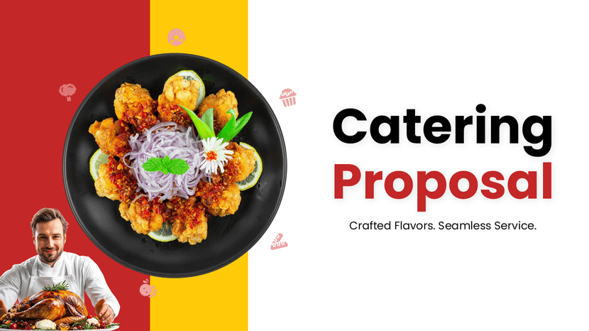 Catering proposal template with vibrant design and food image, highlighting crafted flavors.