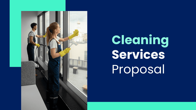 Cleaning services proposal template featuring professionals cleaning windows, with modern design.