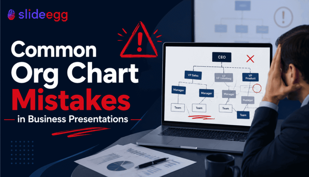Common org chart mistakes banner with business professional reviewing flawed hierarchy chart.