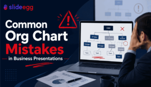 Common org chart mistakes banner with business professional reviewing flawed hierarchy chart.