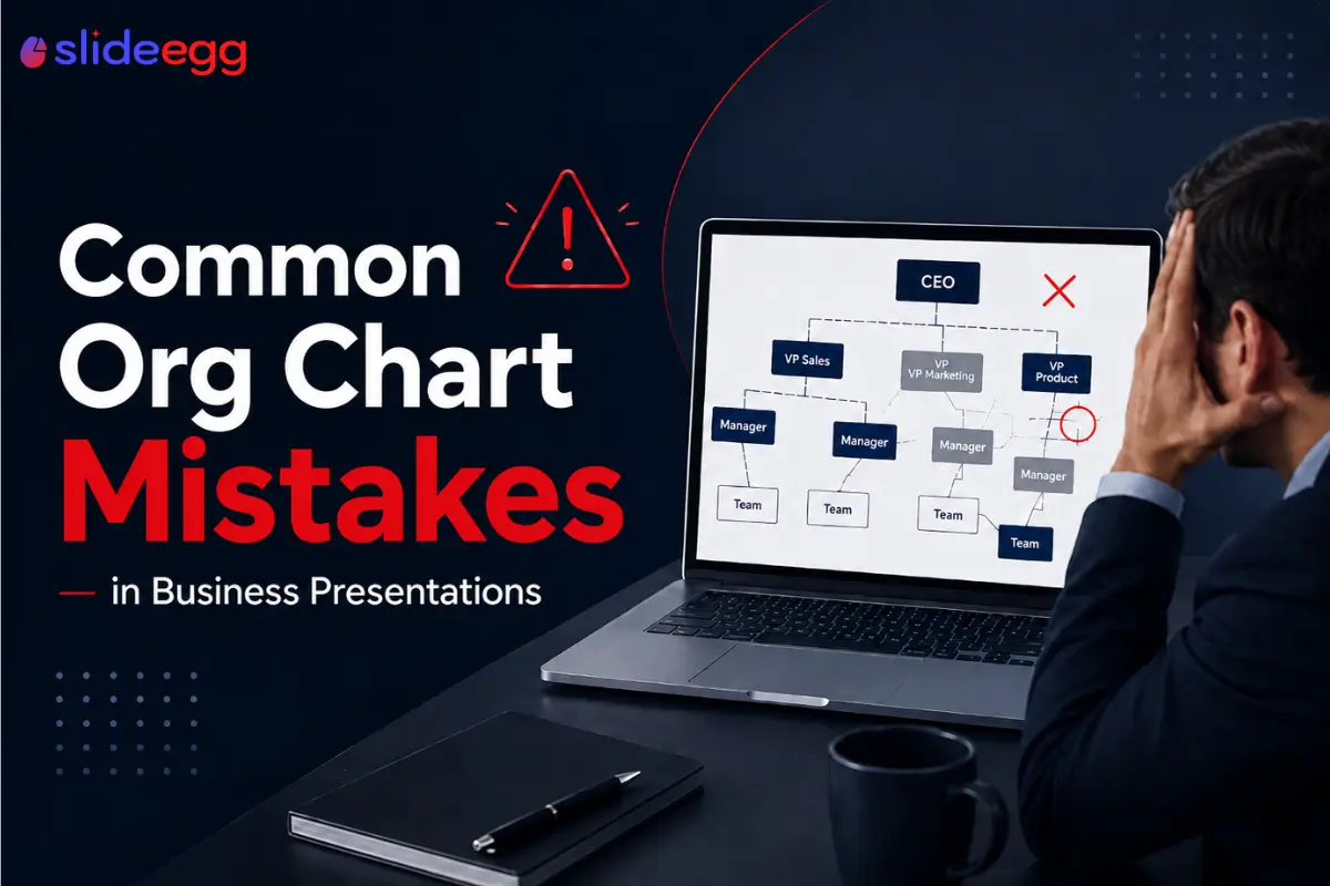 Business professional reviewing a flawed org chart with red warning symbols highlighting common mistakes.