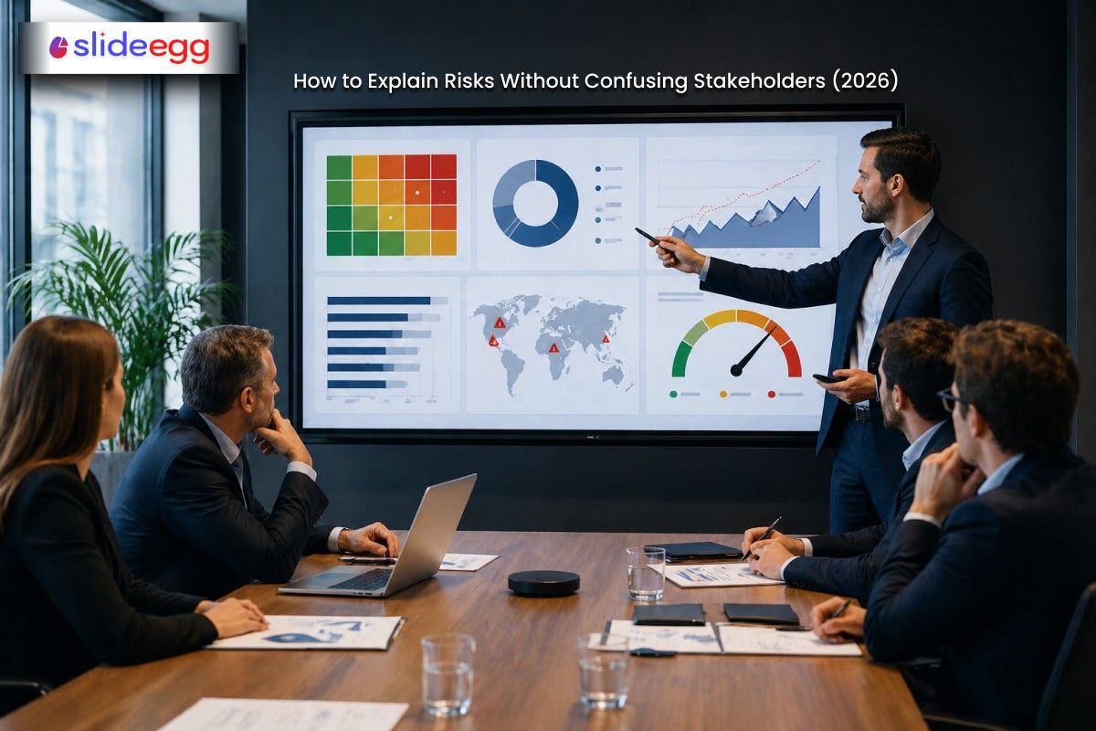 Financial risk presentation showing charts, risk indicators, global data, and stakeholder discussion in meeting.