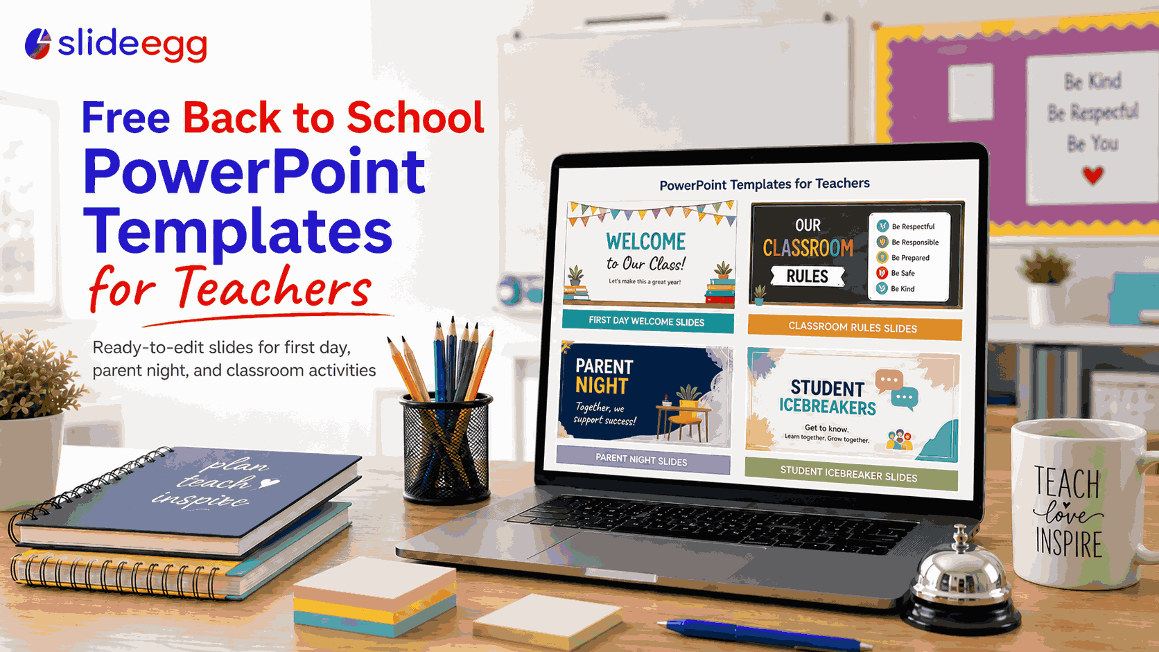 Back to school PowerPoint templates for teachers featuring slides for welcome, parent night, classroom rules, and student icebreakers