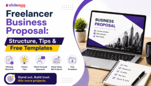 Freelancer business proposal banner with laptop slide, tips icons, checklist notebook, and SlideEgg logo.