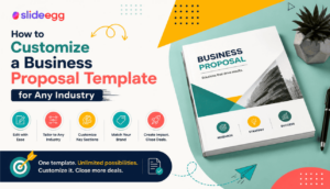 Business proposal template customization banner with proposal booklet, industry icons, and SlideEgg logo.