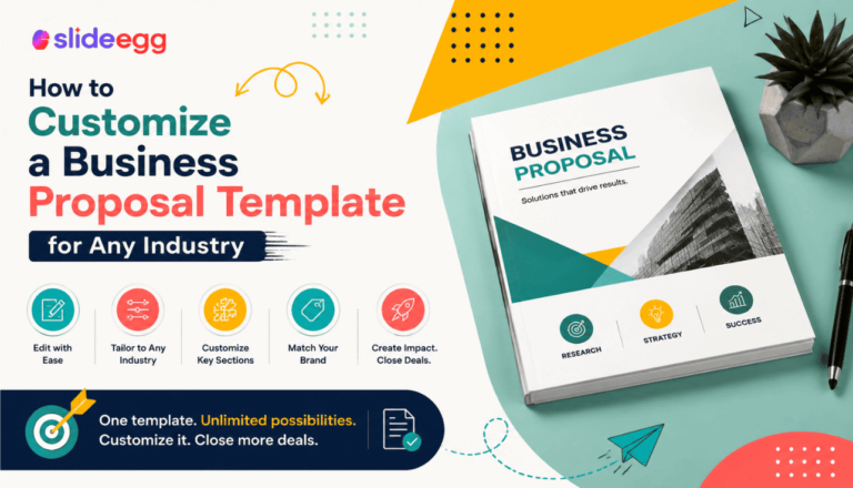 Business proposal template customization banner with proposal booklet, industry icons, and SlideEgg logo.