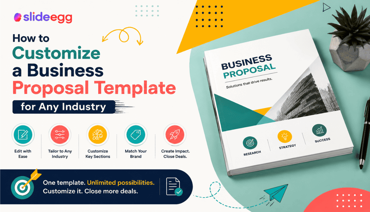 Business proposal template customization banner with proposal booklet, industry icons, and SlideEgg logo.
