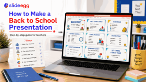 Back to school presentation guide for teachers with step-by-step checklist and example slides on a laptop screen