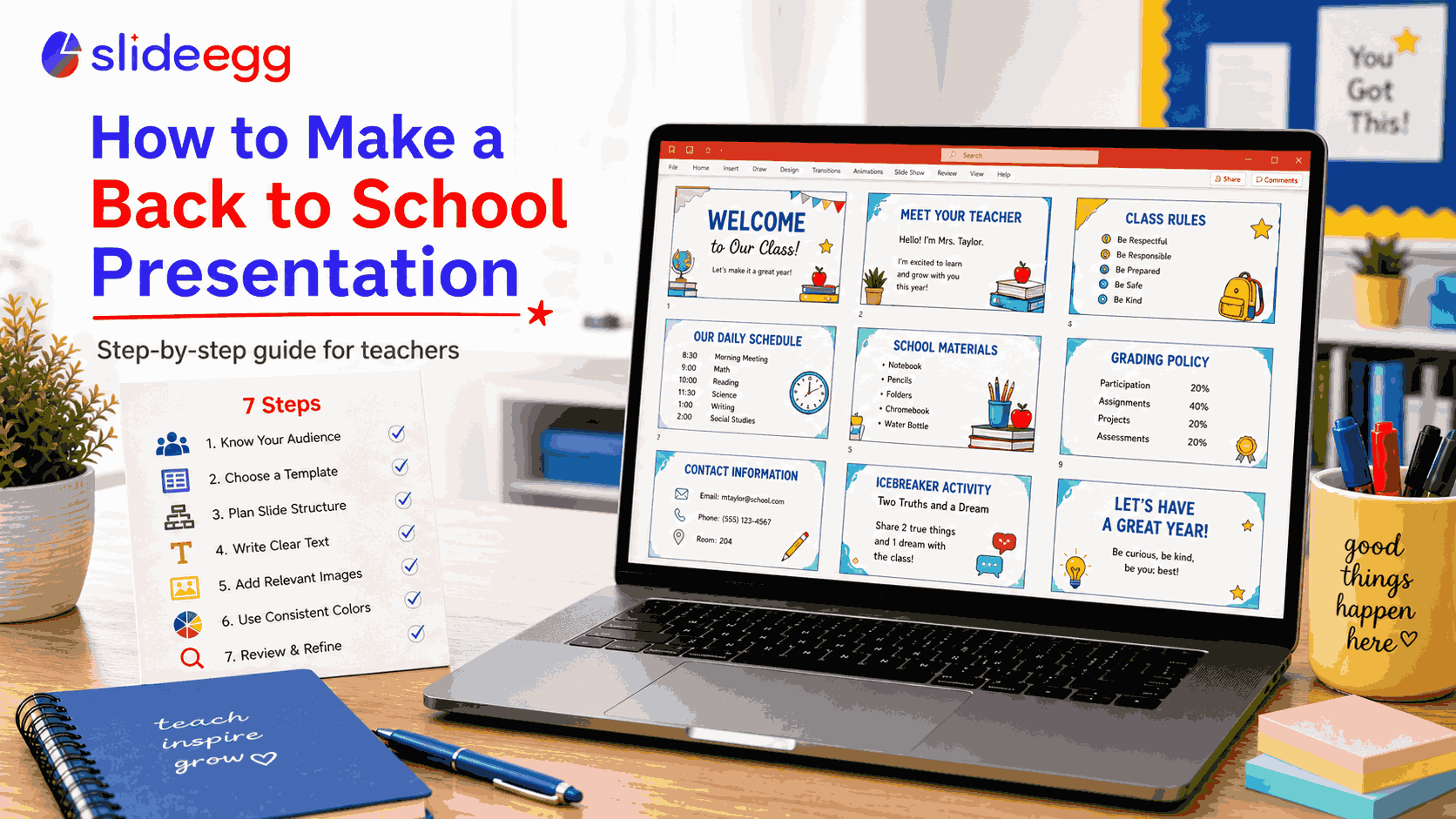 Back to school presentation guide for teachers with step-by-step checklist and example slides on a laptop screen