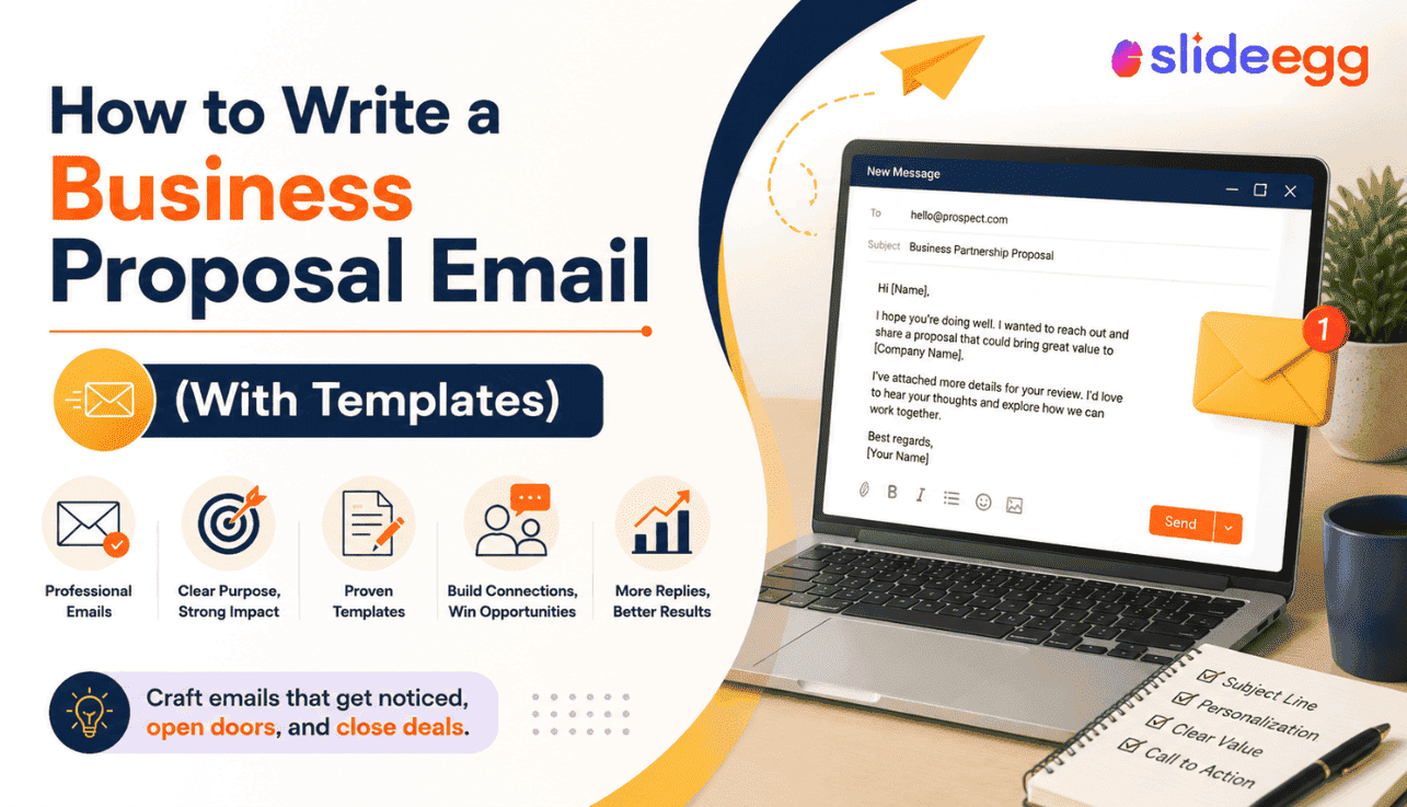 Business proposal email guide banner with laptop email draft, templates, icons, and SlideEgg logo.