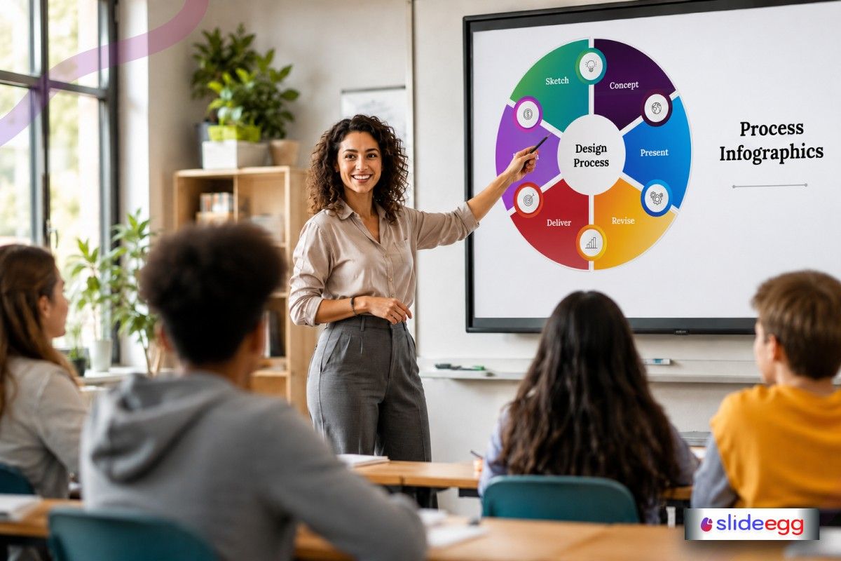 Teacher presenting colorful infographic slides to students, making classroom content more interactive and clear.